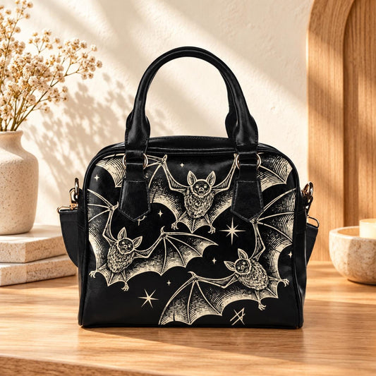 Celestial Bat Satchel, Witchy Moon Faux Leather Handbag, Nocturnal Crossbody Bag