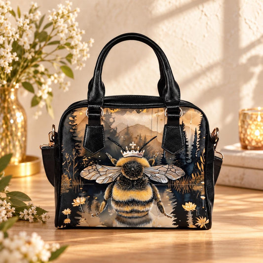 Queen Bee Satchel Purse, Floral Faux Leather Crossbody Bag, Wildflower Meadow Print