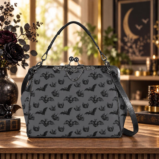 Midnight bat flight handbag, eerie night creature purse, spooky clasp shoulder bag