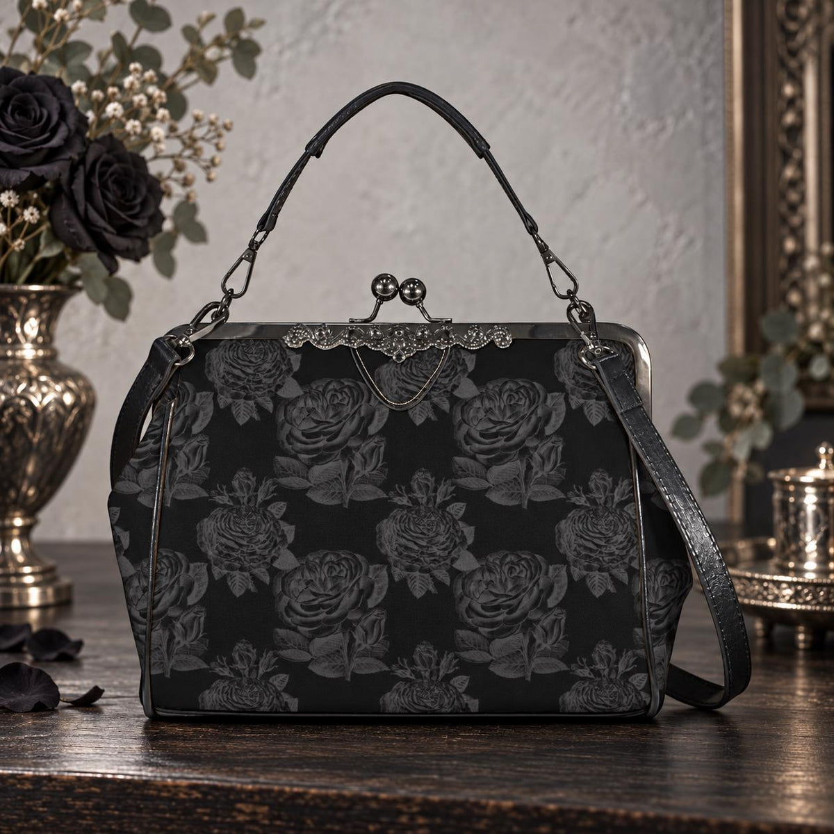 Black Rose Kisslock Bag, Dark Floral Vintage Handbag, Elegant Top Handle Evening Purse