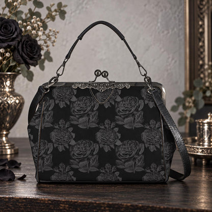 Black Rose Kisslock Bag, Dark Floral Vintage Handbag, Elegant Top Handle Evening Purse