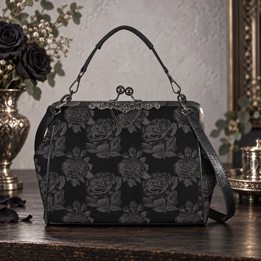 Black Rose Kisslock Bag, Dark Floral Vintage Handbag, Elegant Top Handle Evening Purse