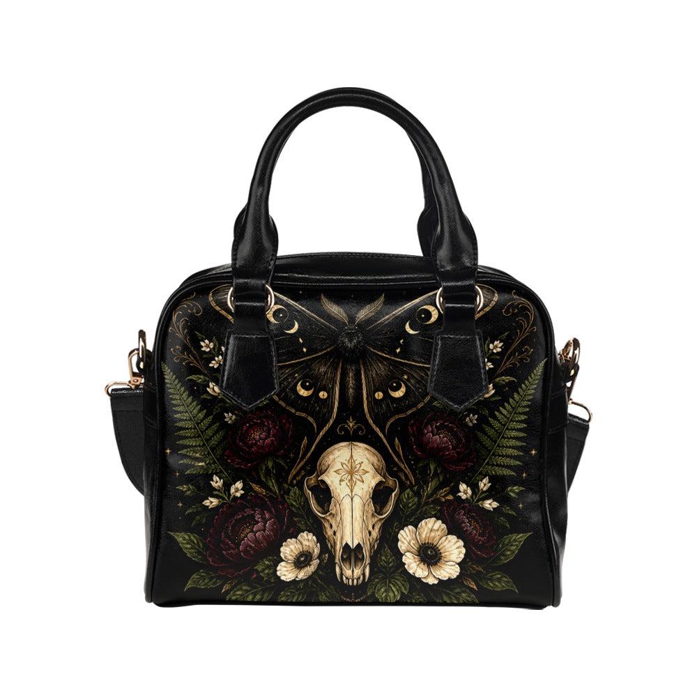 Gothic Skull and Golden Moth Shoulder Bag with Moon Phases and Crossbody Strap