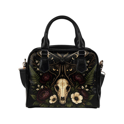 Gothic Skull and Golden Moth Shoulder Bag with Moon Phases and Crossbody Strap