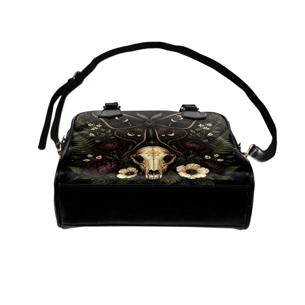 Gothic Skull and Golden Moth Shoulder Bag with Moon Phases and Crossbody Strap