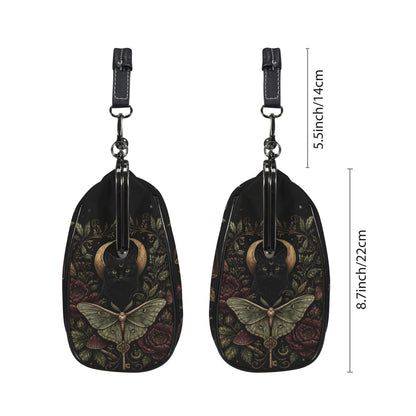 Black Cat Crescent Moon Kiss Lock Handbag with Luna Moth and Crossbody Strap