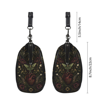 Luna Moth Anatomical Heart Kiss Lock Handbag with Gothic Botanical Print and Crossbody Strap