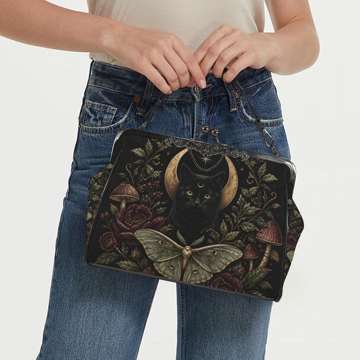 Black Cat Crescent Moon Kiss Lock Handbag with Luna Moth and Crossbody Strap