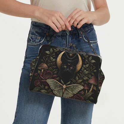 Black Cat Crescent Moon Kiss Lock Handbag with Luna Moth and Crossbody Strap