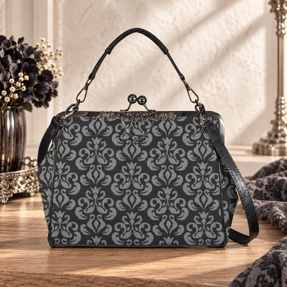 Gray Damask Frame Handbag, Victorian Kisslock Top Handle Purse
