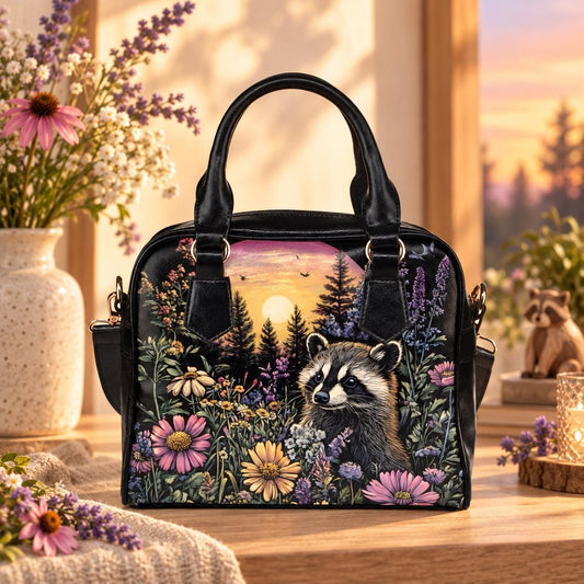 Raccoon Wildflower Handbag, Woodland Night Bowler Purse, Forest Animal Satchel