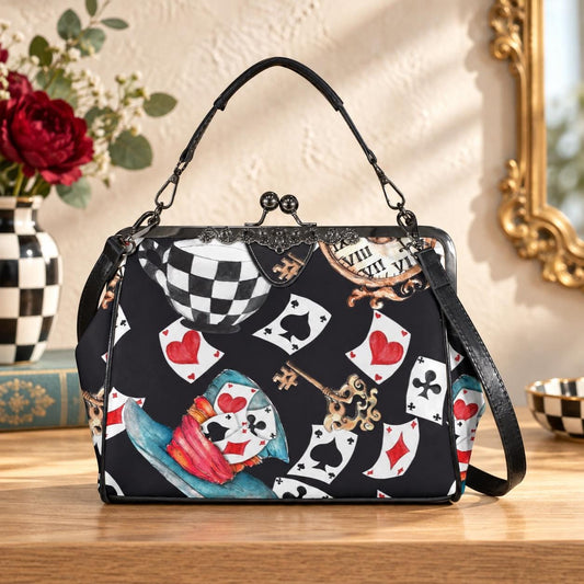Playing Card Kiss Lock Bag Whimsical Tea Party Handbag Storybook Shoulder Purse