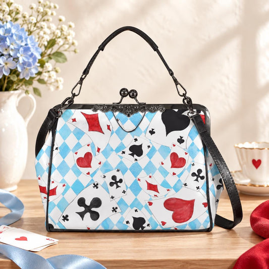 Wonderland Card Suit Kisslock Handbag, Blue Argyle Frame Purse, Tea Party Statement Bag