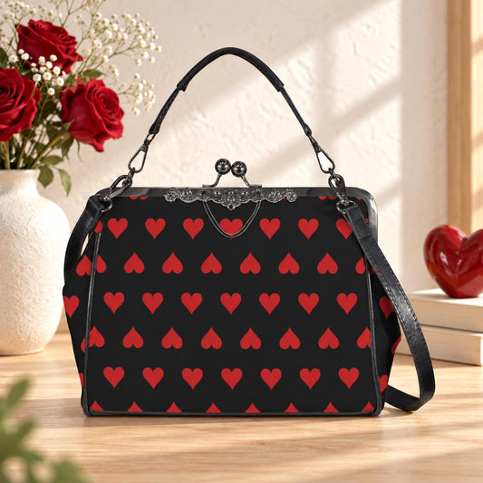 Red Heart Print Kisslock Handbag