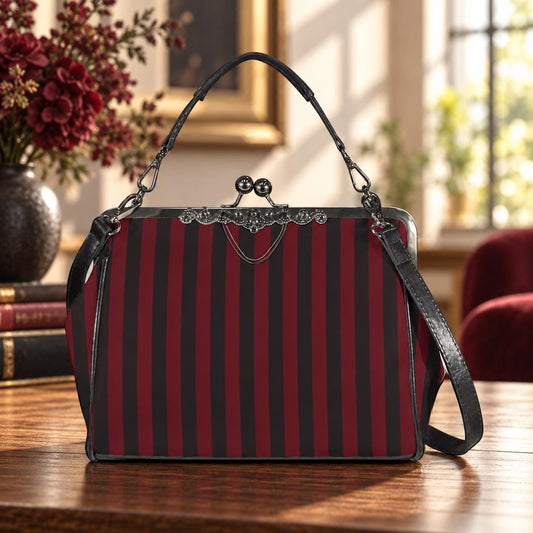 Red and Black Stripe Handbag: Vintage Kisslock Clasp, Vegan Leather Bag