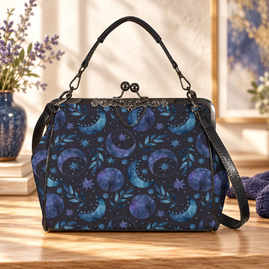 Moon Phase Kiss Lock Purse, Celestial Handbag, Starry Night Crossbody Bag