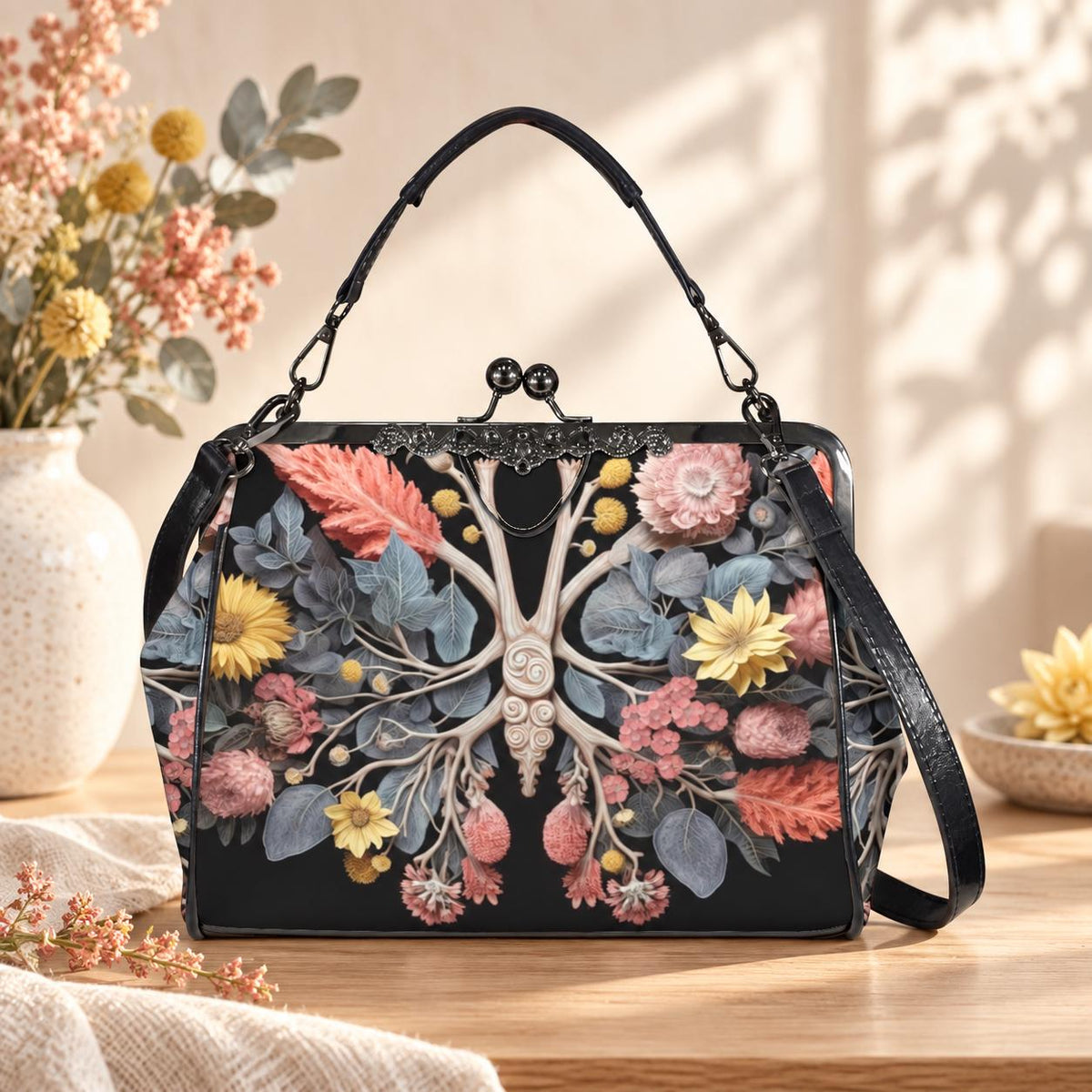 Dark Botanical Butterfly Purse, Kiss Lock Frame Handbag, Cottagecore Floral Crossbody Bag