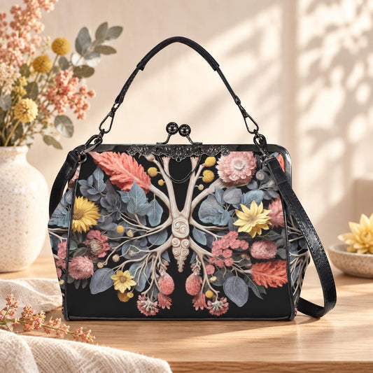 Botanical anatomy purse, dark floral kisslock bag, vintage frame handbag