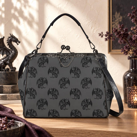 Dragon Kiss Lock Purse, Fantasy Gothic Handbag, Gray Mythical Creature Bag