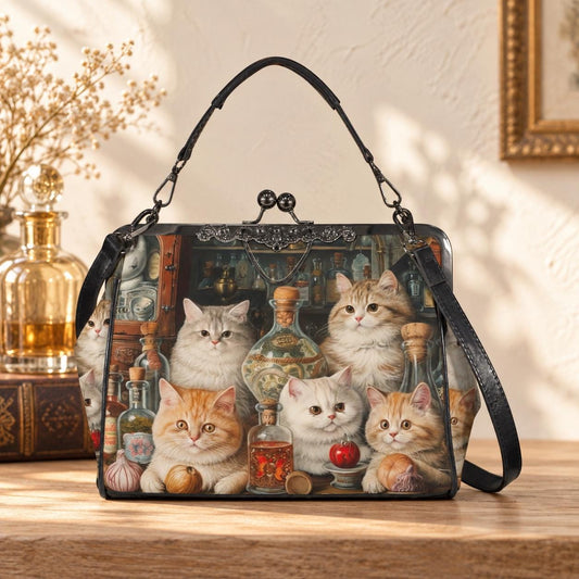 Cat Print Kisslock Bag, Vintage Style Handbag with Kittens and Potion Bottles