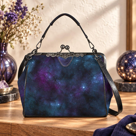 Celestial Galaxy Kisslock Handbag, Nebula Frame Purse, Starry Night Top Handle Bag