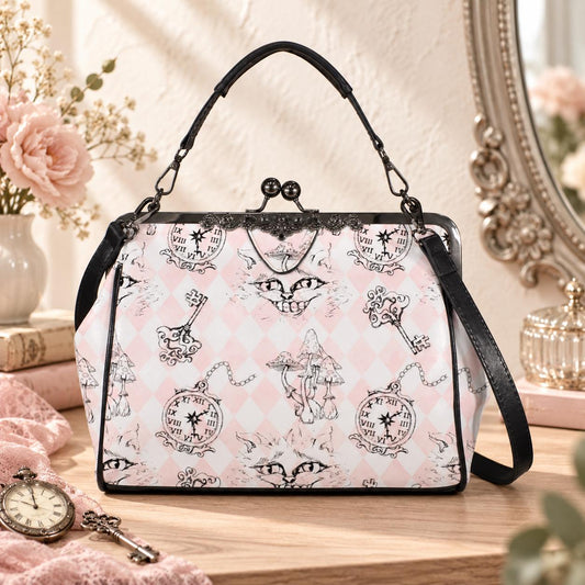 Kiss Lock Cat Handbag, Pastel Gothic Purse, Pink Harlequin Top Handle Bag