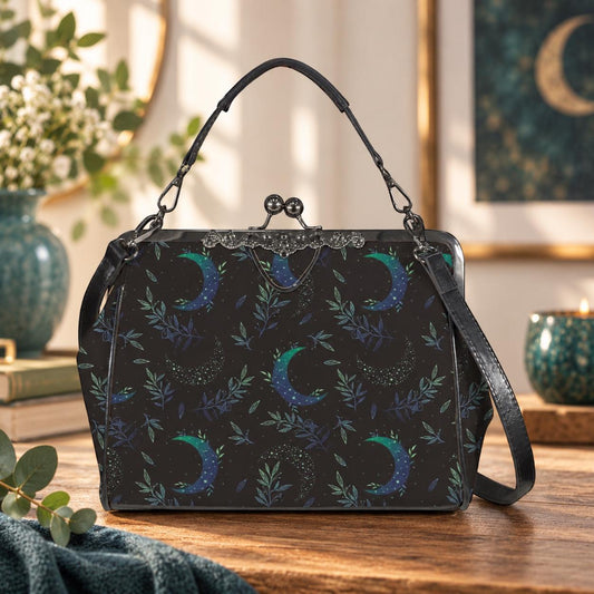 Night garden moon purse, green lunar clasp handbag, celestial leaf print kisslock bag