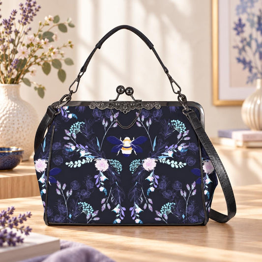 Bee Floral Kisslock Bag, Night Garden Purse, Cottagecore Handbag