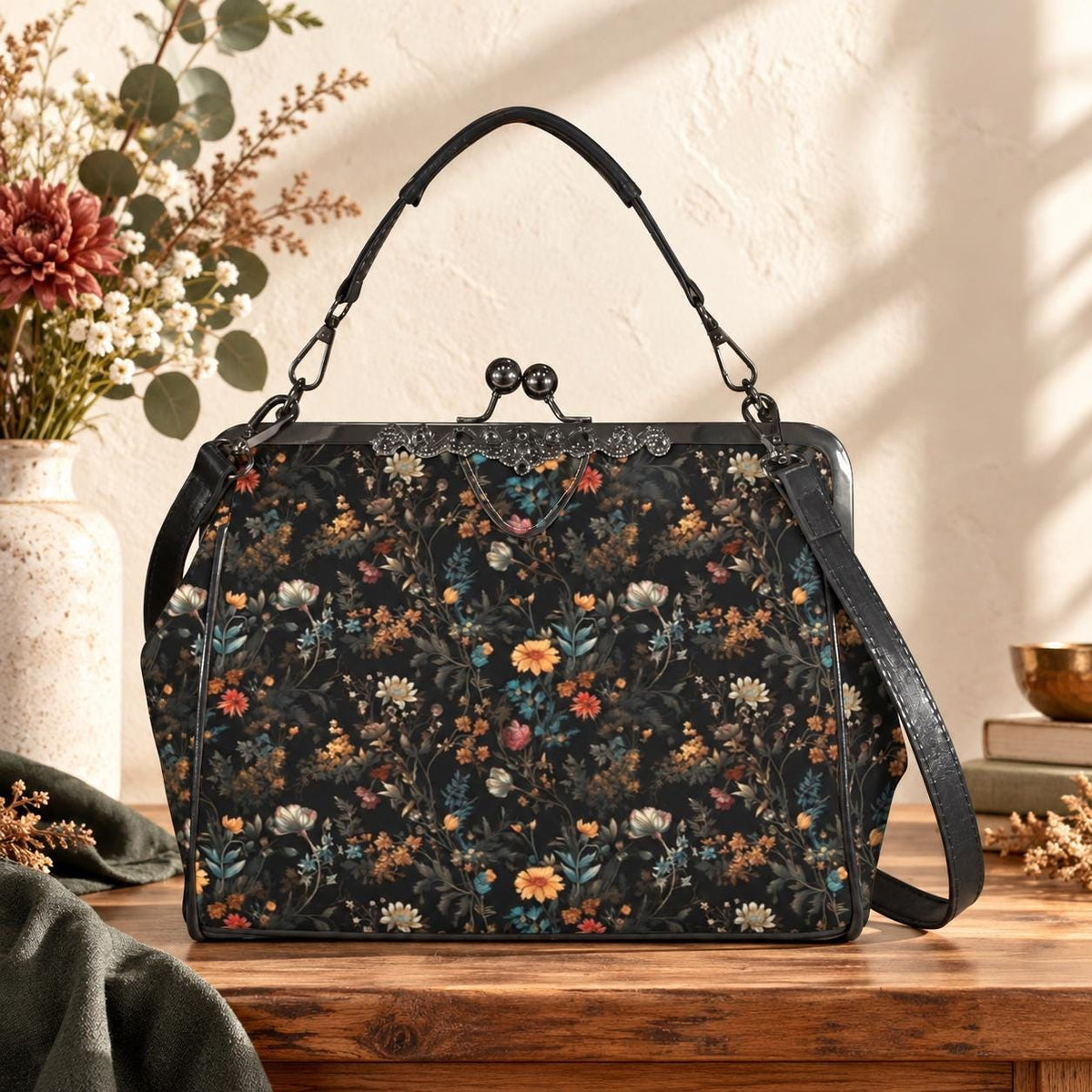 Dark Botanical Floral Satchel Bag, Gothic Witchy Clutch, Vintage Cottagecore Purse