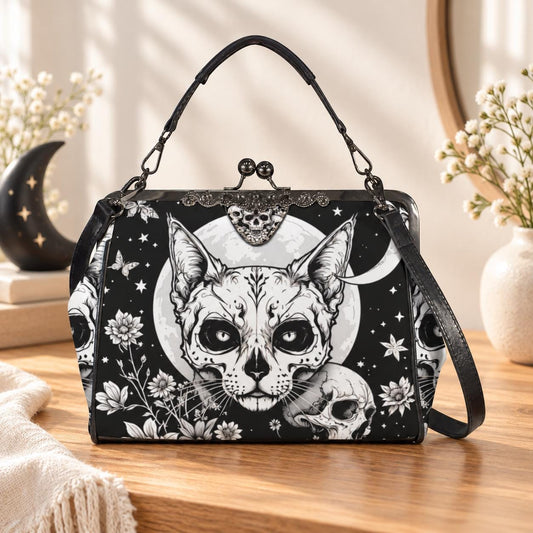 Kiss Lock Cat Purse with Moon Skull Art, Black Floral Frame Bag