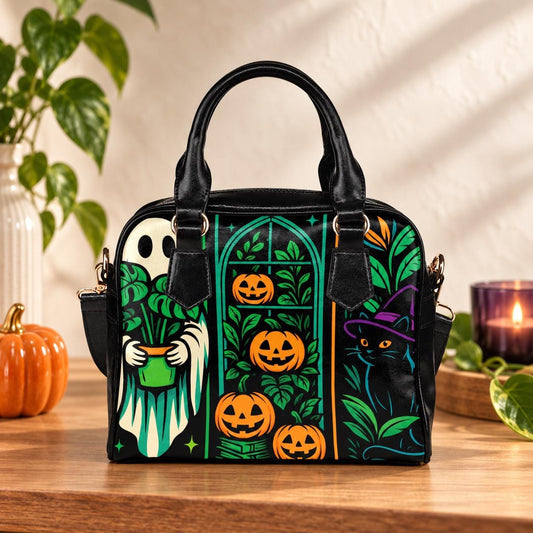 Halloween Satchel Purse, Ghost Plant Bag, Pumpkin Cat Witch Handbag
