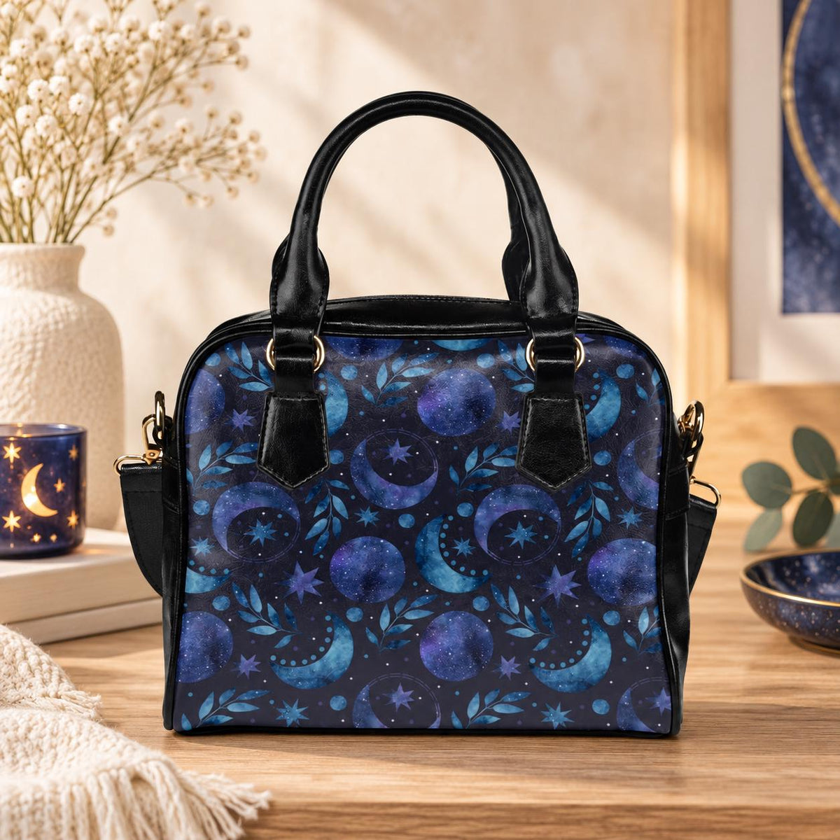 Celestial Moon Phase Handbag, Witchy Dark Blue Star Satchel Purse