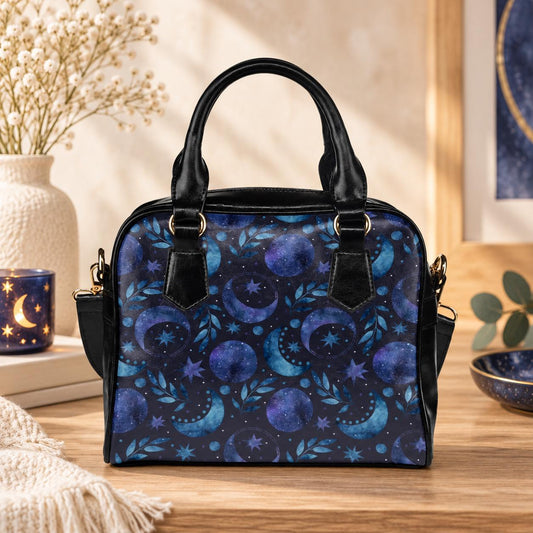 Moon Phase Bowler Bag, Blue Astrology Handbag, Night Sky Shoulder Purse