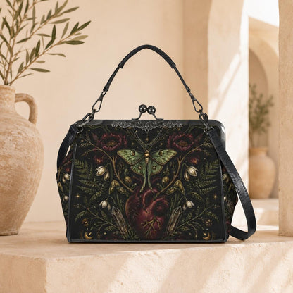 Luna Moth Anatomical Heart Kiss Lock Handbag with Gothic Botanical Print and Crossbody Strap