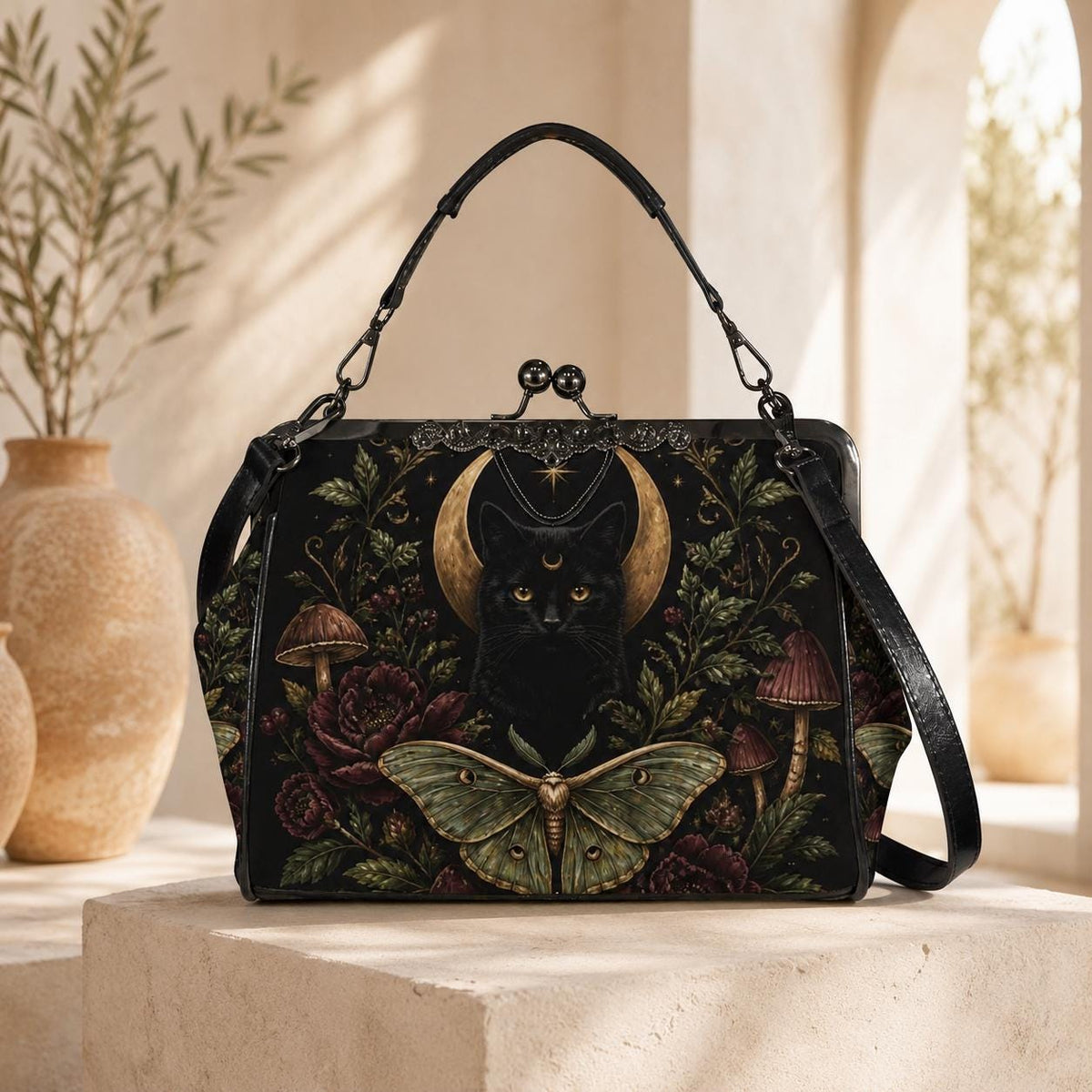 Black Cat Crescent Moon Kiss Lock Handbag with Luna Moth and Crossbody Strap