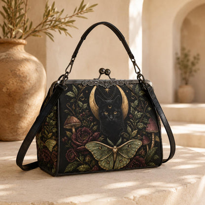 Black Cat Crescent Moon Kiss Lock Handbag with Luna Moth and Crossbody Strap