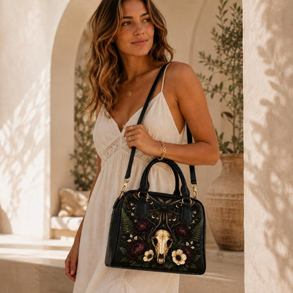 Gothic Skull and Golden Moth Shoulder Bag with Moon Phases and Crossbody Strap