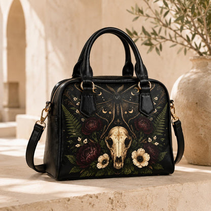Gothic Skull and Golden Moth Shoulder Bag with Moon Phases and Crossbody Strap