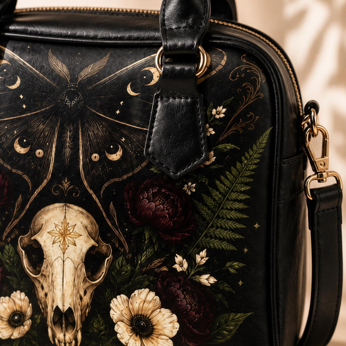 Gothic Skull and Golden Moth Shoulder Bag with Moon Phases and Crossbody Strap