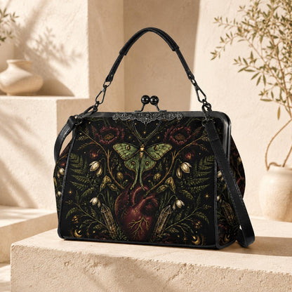 Luna Moth Anatomical Heart Kiss Lock Handbag with Gothic Botanical Print and Crossbody Strap