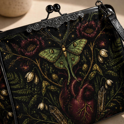 Luna Moth Anatomical Heart Kiss Lock Handbag with Gothic Botanical Print and Crossbody Strap