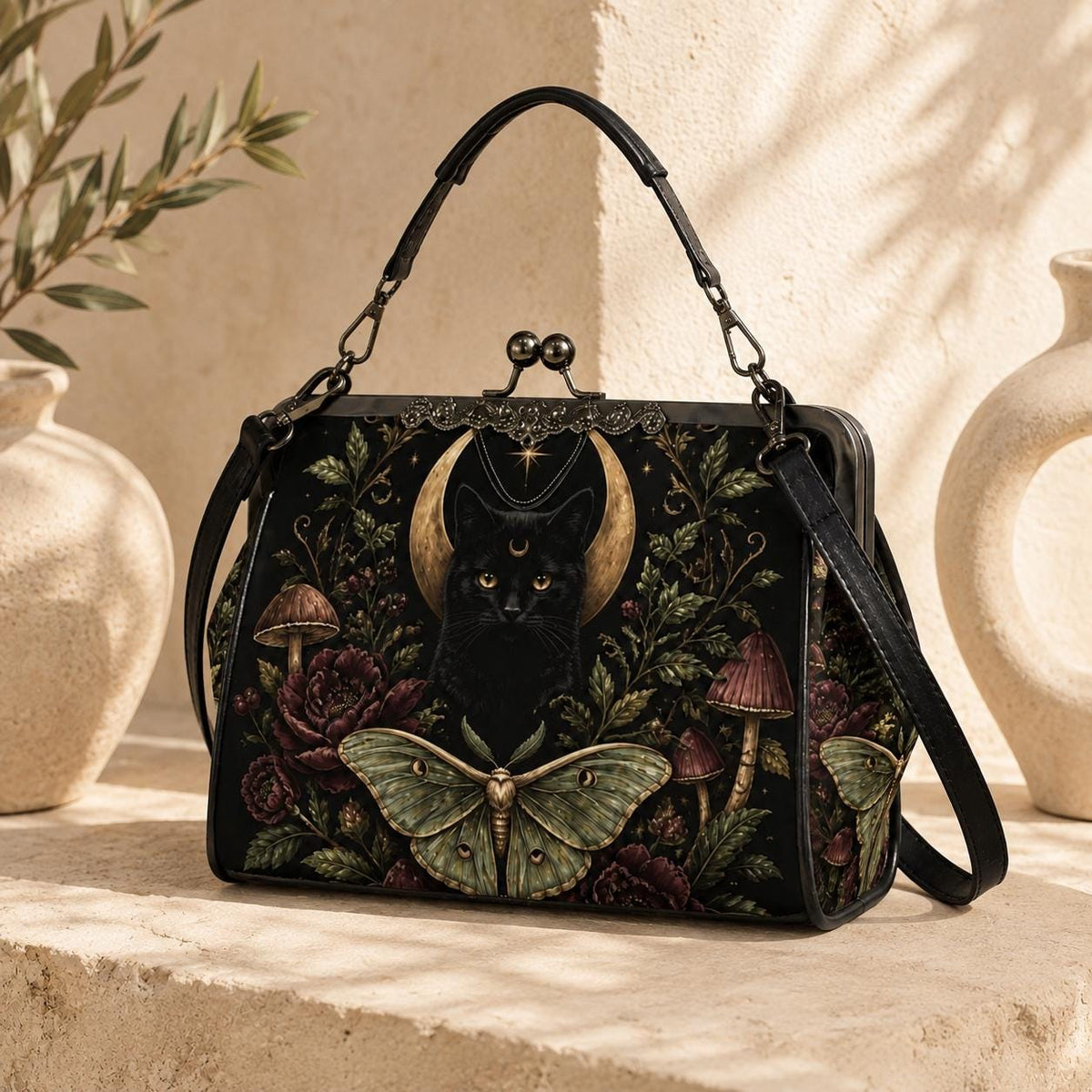 Black Cat Crescent Moon Kiss Lock Handbag with Luna Moth and Crossbody Strap