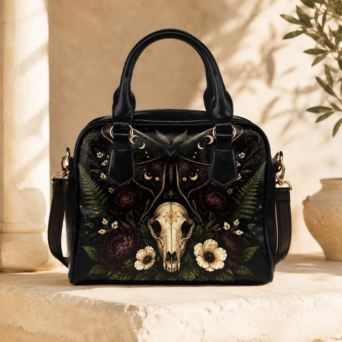 Gothic Skull and Golden Moth Shoulder Bag with Moon Phases and Crossbody Strap