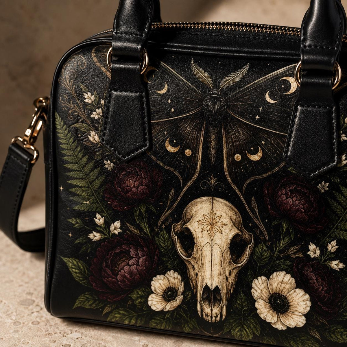 Gothic Skull and Golden Moth Shoulder Bag with Moon Phases and Crossbody Strap