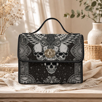 Skull Satchel Purse, Horned Dark Art Handbag, Monochrome Statement Bag