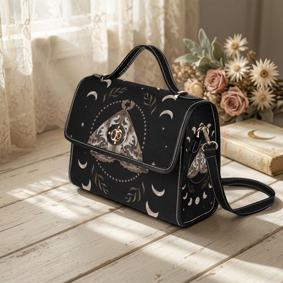 Moth Moon Handbag, Gothic Crossbody Purse, Celestial Top Handle Bag