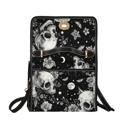Skull Rose Satchel Bag, Black Floral Goth Crossbody Handbag, Moth Star Print Canvas Purse