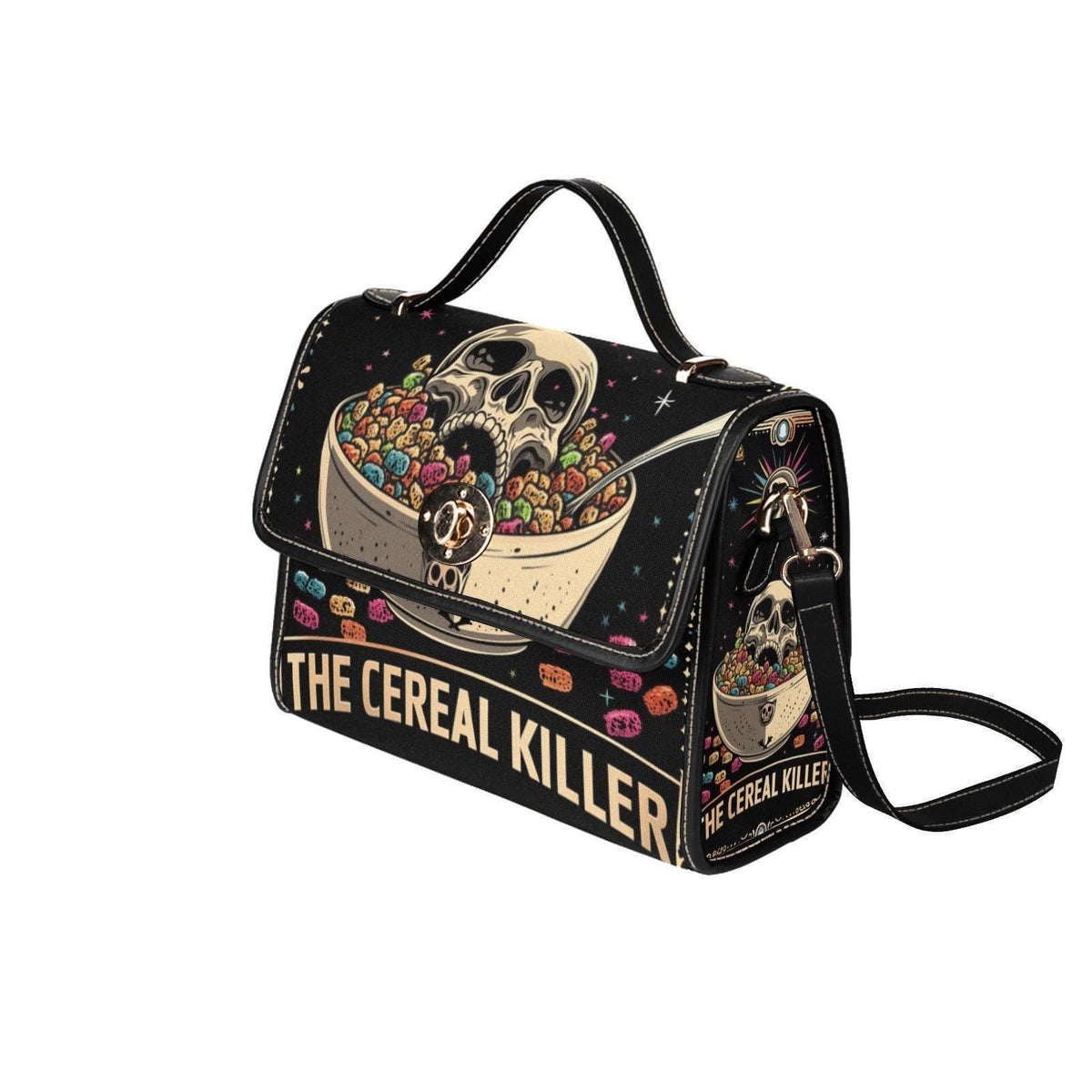 Dark humor shoulder bag, cereal killer canvas satchel, alt goth streetwear purse
