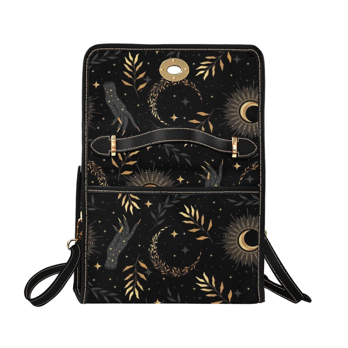Black Celestial Moon Phase Satchel Purse, Gold Leaf Star Print Top Handle Bag