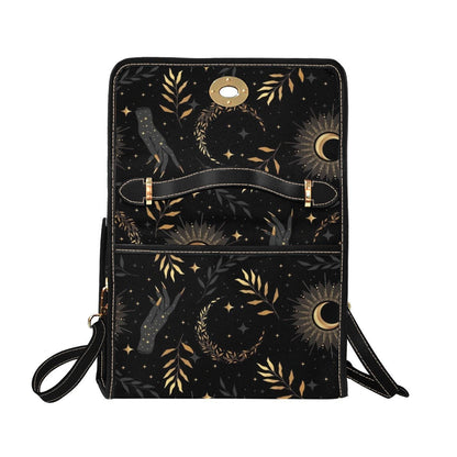 Black Celestial Moon Phase Satchel Purse, Gold Leaf Star Print Top Handle Bag
